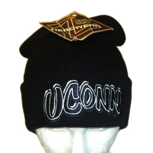 UConn Huskies 90s Vintage Zephyr Mens Black Color Cuffed Beanie Winter Hat New - Picture 1 of 2